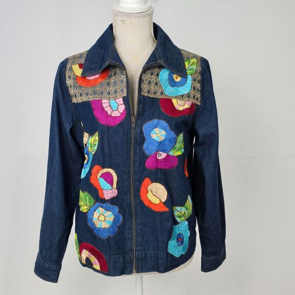 Julia Kim Women's Small Cotton Denim Jean Jacket Floral Embroidered Art To Wear - Picture 1 of 16